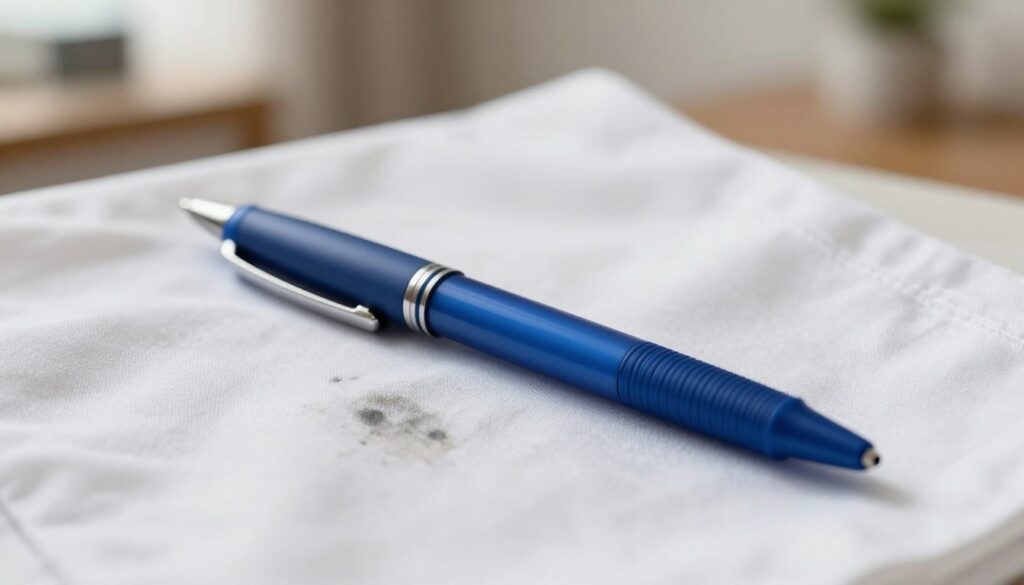 A close-up image of a sleek, modern blue ballpoint pen lying on a crisp, white cotton shirt, with faint ink stains clearly visible on the fabric. The pen should have a smooth finish, with intricate detailing along the grip. The lighting is soft and diffused, enhancing the textures of both the pen and the shirt. In the background, a subtle blur of a cozy, well-lit room can be seen, suggesting a home environment where one might tackle removing ink stains. The atmosphere is calm and inviting, with an emphasis on practical solutions. The angle should be slightly elevated, capturing the pen and shirt in a flattering composition, making it ideal for an informative article. A close-up image of a sleek, modern blue ballpoint pen lying on a crisp, white cotton shirt, with faint ink stains clearly visible on the fabric. The pen should have a smooth finish, with intricate detailing along the grip. The lighting is soft and diffused, enhancing the textures of both the pen and the shirt. In the background, a subtle blur of a cozy, well-lit room can be seen, suggesting a home environment where one might tackle removing ink stains. The atmosphere is calm and inviting, with an emphasis on practical solutions. The angle should be slightly elevated, capturing the pen and shirt in a flattering composition, making it ideal for an informative article.