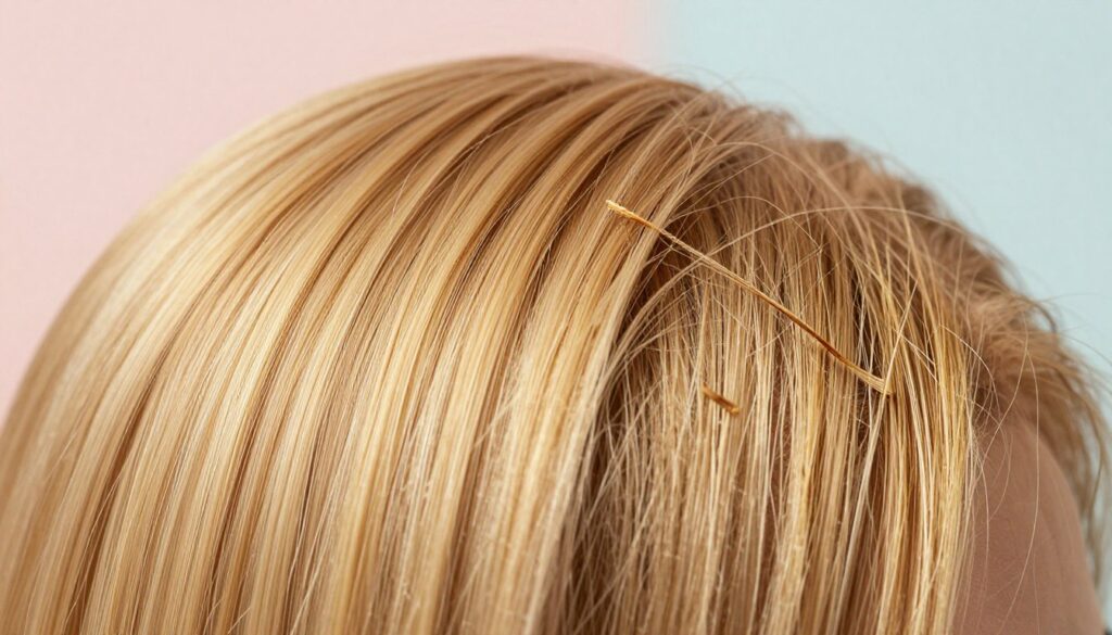 A close-up image of healthy and damaged hair strands, highlighting the differences in texture and color. In the foreground, showcase a split view: one side with lustrous, vibrant hair in shades of golden blonde, reflecting light to emphasize its smoothness. The other side should display brittle, dry hair in a dull hue, with visible split ends and frizz. In the middle ground, include soft, diffused lighting that enhances the shine on the healthy hair while creating shadows that reveal the imperfections of the damaged strands. The background should be a gentle blur of soft pastel colors, evoking a calm and informative atmosphere, suggesting a focus on hair health and care.