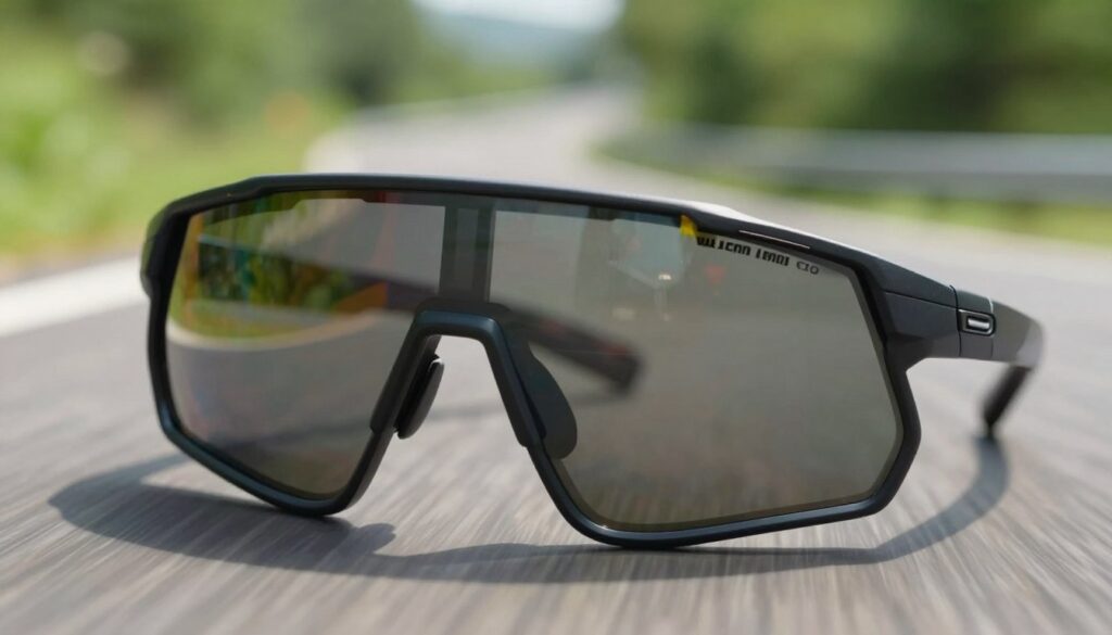 A close-up image of high-performance cycling sunglasses designed for outdoor use. The foreground features the sunglasses prominently displayed, showcasing their sleek design with polarization and UV protection technology. Reflective lenses exhibit subtle gradients that suggest different tint categories relevant for varying light conditions while cycling. The middle ground includes hints of a dynamic cycling environment, perhaps a blurred background of a winding road or lush greenery, hinting at speed and freedom. Soft, natural lighting illuminates the sunglasses, casting gentle shadows that emphasize their contours. The atmosphere is vibrant and active, conveying the protective features of the eyewear against wind, insects, and sunlight, perfect for a cycling enthusiast's journey. A close-up image of high-performance cycling sunglasses designed for outdoor use. The foreground features the sunglasses prominently displayed, showcasing their sleek design with polarization and UV protection technology. Reflective lenses exhibit subtle gradients that suggest different tint categories relevant for varying light conditions while cycling. The middle ground includes hints of a dynamic cycling environment, perhaps a blurred background of a winding road or lush greenery, hinting at speed and freedom. Soft, natural lighting illuminates the sunglasses, casting gentle shadows that emphasize their contours. The atmosphere is vibrant and active, conveying the protective features of the eyewear against wind, insects, and sunlight, perfect for a cycling enthusiast's journey.