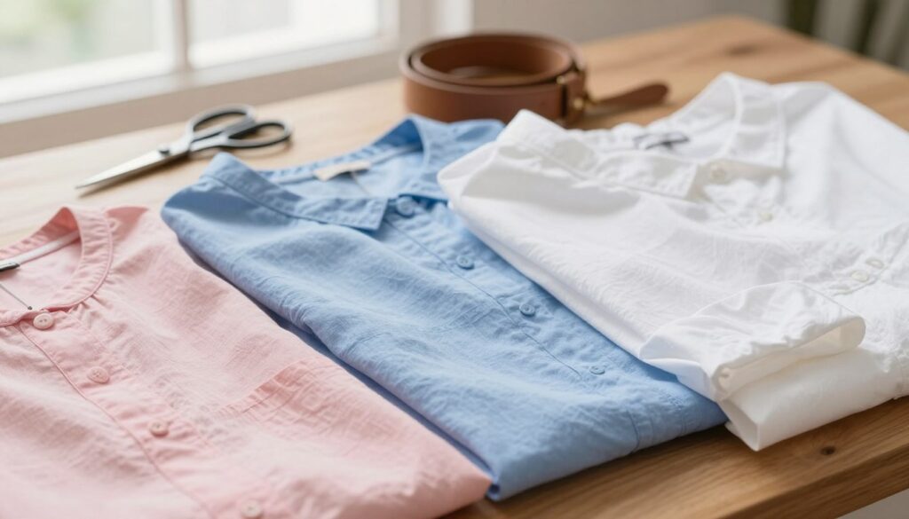 A close-up image showcasing a selection of blouse materials in soft, textured fabrics like cotton, silk, and linen, arranged aesthetically on a wooden surface. The foreground features vibrant colors—pastel pink, sky blue, and crisp white—that highlight the different textures. The middle ground includes straightforward accessories like a stylish belt and a pair of scissors, hinting at the craft involved in styling the blouses. The background is softly blurred, with natural light streaming in from a nearby window, creating a warm and inviting atmosphere. The overall mood is creative and inspiring, ideal for someone preparing to tie a blouse effectively while maintaining elegance and style. A close-up image showcasing a selection of blouse materials in soft, textured fabrics like cotton, silk, and linen, arranged aesthetically on a wooden surface. The foreground features vibrant colors—pastel pink, sky blue, and crisp white—that highlight the different textures. The middle ground includes straightforward accessories like a stylish belt and a pair of scissors, hinting at the craft involved in styling the blouses. The background is softly blurred, with natural light streaming in from a nearby window, creating a warm and inviting atmosphere. The overall mood is creative and inspiring, ideal for someone preparing to tie a blouse effectively while maintaining elegance and style.