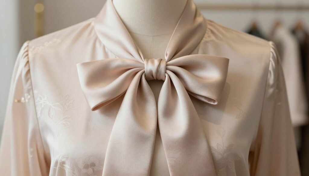 A close-up of a beautifully tied silk bow on a blouse, showcasing the intricate details of the knot. The bow is crafted from a shimmering, soft silk fabric that glows softly under ambient, natural lighting, enhancing its elegance. In the foreground, focus on the knot, emphasizing its neatness and stability. The middle ground features the blouse, adorned with delicate patterns that complement the bow, softly blurring into the background. The background includes a subtly decorated dressing area with soft, neutral tones, creating a calm and sophisticated atmosphere. Capture the mood of refined beauty and elegance with a slightly shallow depth of field, emphasizing the bow as the focal point.
