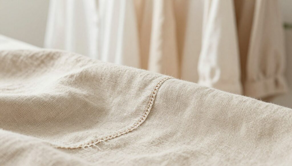 A close-up of a high-quality linen fabric, showcasing the delicate woven texture and natural fibers in a soft, warm light. The foreground features detailed threads interlaced together, highlighting the craftsmanship. In the middle ground, show a neatly stitched seam demonstrating excellent quality sewing techniques, with subtle variations in color to emphasize the material's authenticity. The background features a selection of light summer blouses hanging against a soft, blurred backdrop that suggests a bright and airy boutique setting, evoking a breezy summer atmosphere. The overall mood is fresh and inviting, emphasizing the elegance and comfort of quality linen for summer fashion. A close-up of a high-quality linen fabric, showcasing the delicate woven texture and natural fibers in a soft, warm light. The foreground features detailed threads interlaced together, highlighting the craftsmanship. In the middle ground, show a neatly stitched seam demonstrating excellent quality sewing techniques, with subtle variations in color to emphasize the material's authenticity. The background features a selection of light summer blouses hanging against a soft, blurred backdrop that suggests a bright and airy boutique setting, evoking a breezy summer atmosphere. The overall mood is fresh and inviting, emphasizing the elegance and comfort of quality linen for summer fashion.
