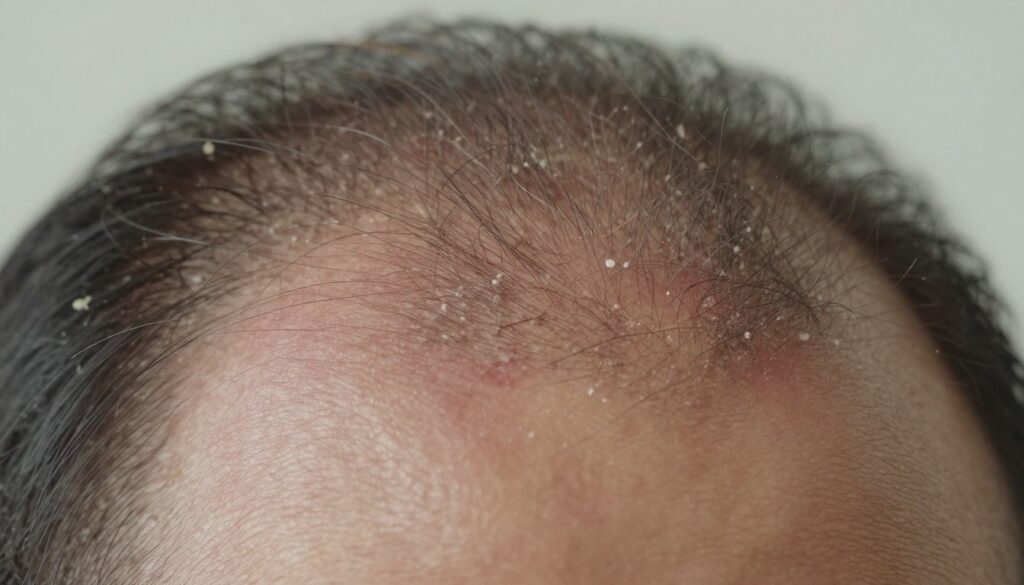 A close-up of a human scalp with visible dandruff flakes, highlighting the texture of the skin and the symptoms of dandruff. In the foreground, focus on the hair strands mixed with white flakes, illustrating the condition. The middle layer features the scalp's skin, showing red patches and irritation, emphasizing the effects of dandruff. The background is softly blurred to maintain attention on the scalp, with gentle, natural lighting that enhances skin textures without harsh shadows. The overall atmosphere should be clinical and informative, suitable for a medical or educational context, conveying a sense of professionalism and clarity. The composition should have a slight tilt to provide a dynamic view, without any text or distractions. A close-up of a human scalp with visible dandruff flakes, highlighting the texture of the skin and the symptoms of dandruff. In the foreground, focus on the hair strands mixed with white flakes, illustrating the condition. The middle layer features the scalp's skin, showing red patches and irritation, emphasizing the effects of dandruff. The background is softly blurred to maintain attention on the scalp, with gentle, natural lighting that enhances skin textures without harsh shadows. The overall atmosphere should be clinical and informative, suitable for a medical or educational context, conveying a sense of professionalism and clarity. The composition should have a slight tilt to provide a dynamic view, without any text or distractions.