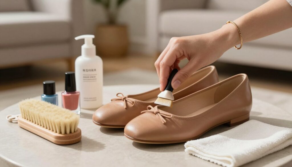 A close-up of a pair of elegant leather ballet flats, placed on a soft, neutral textured surface, with an array of high-quality shoe care products arranged artfully beside them, including a polish, a soft brush, and a microfiber cloth. The background features a softly blurred, chic living room setting with warm lighting, creating a cozy atmosphere. A hand wearing a stylish, minimalistic bracelet gently applies polish to the shoe, emphasizing care and maintenance. The scene is captured from a slightly elevated angle to highlight both the shoes and the activity of polishing, with natural light streaming in to reveal the fine details of the leather and suede textures. The overall mood is inviting and sophisticated, showcasing the importance of caring for stylish footwear.