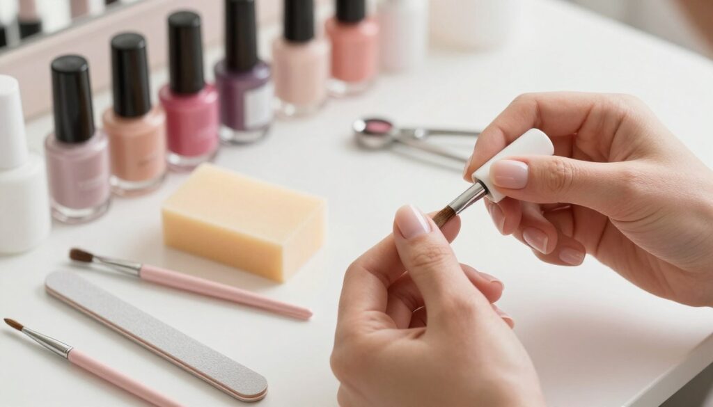 A close-up of a professional nail preparation scene, focusing on neatly arranged tools like a nail file, cuticle pusher, and an array of colorful nail polishes. In the foreground, a manicured hand demonstrates the right technique to prep nails for an ombre manicure, highlighting a smooth nail surface. Soft, natural lighting cascades over the workspace, creating a cozy and inviting atmosphere. In the middle, a sponge and a fine brush are artistically positioned, representing tools essential for ombre blending without streaks. The background features a soft-focus, minimalist salon environment with calming pastel colors, evoking a sense of tranquility and professionalism. The angle is slightly top-down, capturing the intricate details while maintaining an elegant and organized vibe.