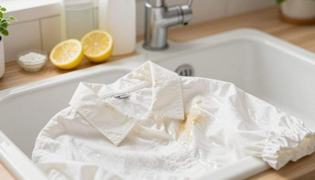 A close-up of a soiled white blouse draped over a pristine kitchen sink, showcasing a stubborn stain near the collar. The blouse has a delicate texture, with soft light reflecting off its fabric, emphasizing both the stain and the surrounding water. In the background, an arrangement of natural cleaning supplies like lemon slices, baking soda, and a bottle of white vinegar is artfully displayed on a wooden countertop. The scene is warmly lit with a gentle morning light, creating an inviting atmosphere, highlighting the domestic setting. A hint of greenery from a nearby plant adds a refreshing touch. The composition is balanced, focusing on the blouse while hinting at effective at-home cleaning methods through the background elements.