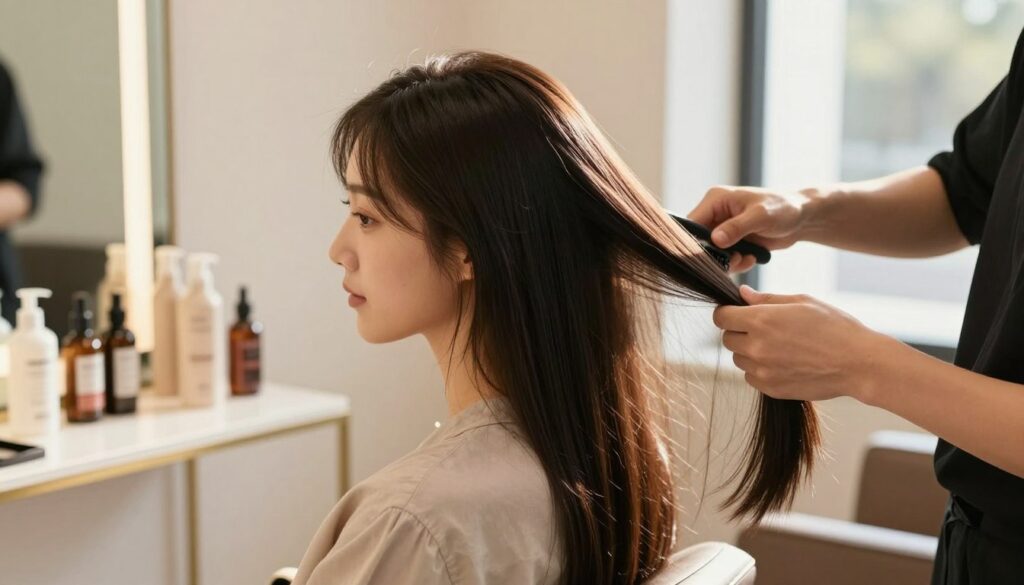 A close-up of a woman with beautifully smooth hair, illustrating techniques to reduce frizz. She is seated in a well-lit salon, surrounded by hair care products like serums and oils on a stylish shelf in the background. The middle ground features a professional hairstylist gently brushing her hair, showcasing a skillful technique. Natural sunlight filters through a nearby window, casting soft, warm light on the subject, enhancing the shine in her hair. The atmosphere is soothing and inviting, suggesting a serene beauty routine. The woman is wearing a modest casual outfit, radiating confidence and tranquility. The image should evoke a feeling of elegance and professionalism without any text or distractions. A close-up of a woman with beautifully smooth hair, illustrating techniques to reduce frizz. She is seated in a well-lit salon, surrounded by hair care products like serums and oils on a stylish shelf in the background. The middle ground features a professional hairstylist gently brushing her hair, showcasing a skillful technique. Natural sunlight filters through a nearby window, casting soft, warm light on the subject, enhancing the shine in her hair. The atmosphere is soothing and inviting, suggesting a serene beauty routine. The woman is wearing a modest casual outfit, radiating confidence and tranquility. The image should evoke a feeling of elegance and professionalism without any text or distractions.