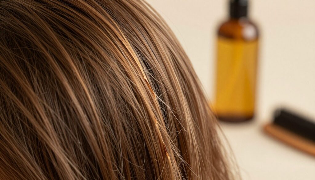 A close-up of a woman's hair demonstrating the fragility and various causes of damage, with a focus on broken strands and split ends. The foreground highlights textured hair, showcasing a mix of healthy and damaged sections. In the background, soft-focus elements like a bottle of nourishing hair oil and a comb are placed artistically to indicate care routines. The lighting is warm and inviting, creating a comforting atmosphere that emphasizes healing and restoration. Use a shallow depth of field to draw attention to the hair while softly blurring the background elements. The entire composition exudes a sense of beauty and hopefulness, ideal for illustrating the importance of hair care.