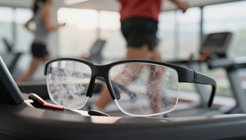 A close-up of fogged-up running glasses resting on a treadmill, showcasing clear lens technology. The foreground captures the intricate details of the glasses, highlighting anti-fog features like vents and a snug fit on the nose bridge. In the middle, blurred motion of a runner in dynamic movement, dressed in athletic gear, demonstrates active lifestyle, emphasizing the need for functional eyewear. The background consists of a softly lit gym setting, with subtle light beams filtering through windows to signify morning workouts, creating a focused, energetic atmosphere. The image should evoke a sense of determination and clarity, highlighting the importance of choosing the right running glasses to prevent fogging during intense exercise. A close-up of fogged-up running glasses resting on a treadmill, showcasing clear lens technology. The foreground captures the intricate details of the glasses, highlighting anti-fog features like vents and a snug fit on the nose bridge. In the middle, blurred motion of a runner in dynamic movement, dressed in athletic gear, demonstrates active lifestyle, emphasizing the need for functional eyewear. The background consists of a softly lit gym setting, with subtle light beams filtering through windows to signify morning workouts, creating a focused, energetic atmosphere. The image should evoke a sense of determination and clarity, highlighting the importance of choosing the right running glasses to prevent fogging during intense exercise.