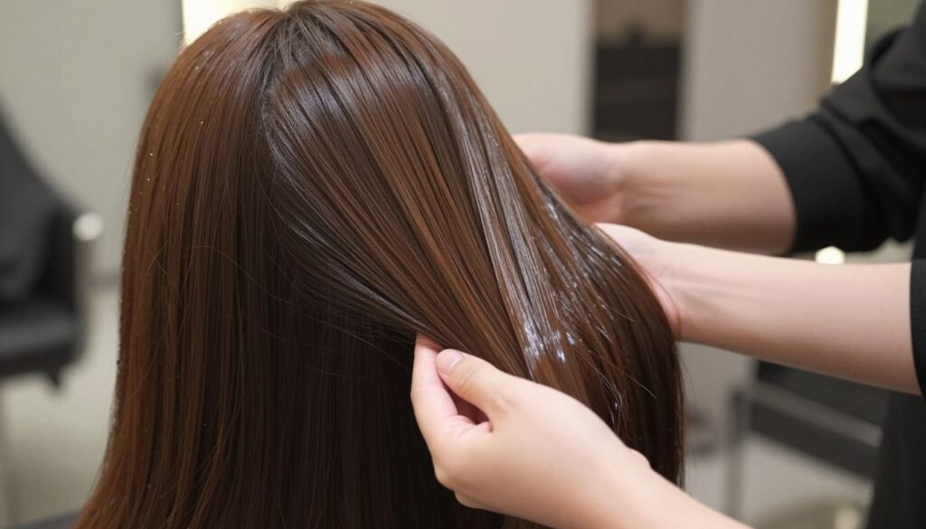 A close-up of smooth, shiny hair reflecting light, indicative of a successful hair botox treatment. The foreground features a hand gently running through the luxurious, glossy strands, showcasing the hair's sleek texture. In the middle ground, a professional stylist is visible, dressed in smart casual attire, demonstrating the hair's hydration and silkiness. The background is softly blurred, highlighting the serene atmosphere of a modern salon with neutral colors and soft, warm lighting creating a welcoming vibe. The overall mood is elegant and soothing, suggesting the refreshing effects of hair botox, emphasizing clarity and beauty. The composition captures both the hair's radiance and the professionalism of the setting.