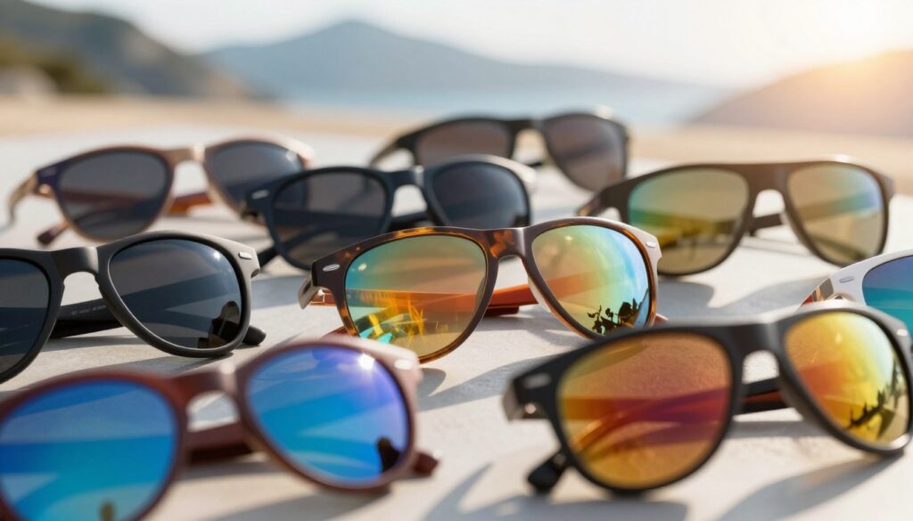 A close-up of various sunglasses lenses arranged artistically on a sleek surface, showcasing dark shades, mirror finishes, and vibrant colored tints. The foreground features round and polarized lenses reflecting a brilliant blue sky, hinting at outdoor sports activities. In the middle, carefully positioned sunglasses with gradient lenses, capturing the subtle interplay of light and reflections. The background includes a soft blur of sporty environments like a beach or mountain range, bathed in warm sunlight to emphasize the sunglasses' purpose for varied weather conditions. The overall mood is energetic and dynamic, inviting the viewer to explore active outdoor adventures. Use natural lighting to enhance the textures and colors of the lenses. A close-up of various sunglasses lenses arranged artistically on a sleek surface, showcasing dark shades, mirror finishes, and vibrant colored tints. The foreground features round and polarized lenses reflecting a brilliant blue sky, hinting at outdoor sports activities. In the middle, carefully positioned sunglasses with gradient lenses, capturing the subtle interplay of light and reflections. The background includes a soft blur of sporty environments like a beach or mountain range, bathed in warm sunlight to emphasize the sunglasses' purpose for varied weather conditions. The overall mood is energetic and dynamic, inviting the viewer to explore active outdoor adventures. Use natural lighting to enhance the textures and colors of the lenses.
