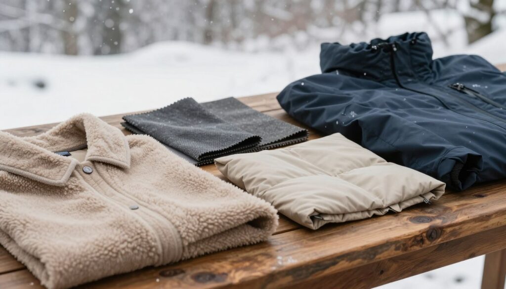 A close-up of various winter jacket materials displayed elegantly on a rustic wooden table. The foreground features samples of soft, insulated fabrics like fleece and down, showcasing their texture and warmth. In the middle, there are swatches of waterproof and windproof materials, such as Gore-Tex and nylon, illustrating their durability and protective qualities. The background has a soft-focus winter landscape, with gentle snow falling to create a serene atmosphere. Natural, diffused lighting highlights the richness of colors and textures in the fabrics, evoking a sense of cozy style. The overall mood is inviting and warm, emphasizing both fashion and functionality in winter wear. A close-up of various winter jacket materials displayed elegantly on a rustic wooden table. The foreground features samples of soft, insulated fabrics like fleece and down, showcasing their texture and warmth. In the middle, there are swatches of waterproof and windproof materials, such as Gore-Tex and nylon, illustrating their durability and protective qualities. The background has a soft-focus winter landscape, with gentle snow falling to create a serene atmosphere. Natural, diffused lighting highlights the richness of colors and textures in the fabrics, evoking a sense of cozy style. The overall mood is inviting and warm, emphasizing both fashion and functionality in winter wear.