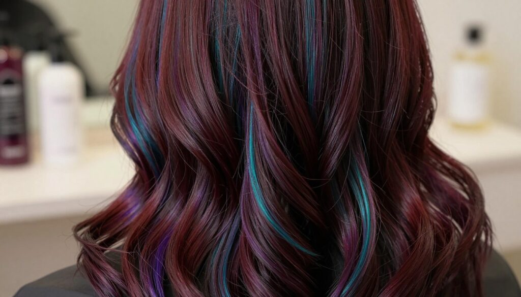 A close-up of vibrant hair strands displaying a range of mycia pigment łuski, emphasizing the interplay of color and shine. The foreground should focus on the hair texture, showcasing glossy highlights and the intricate scale-like patterns that reflect light in varying shades of rich, deep colors such as burgundy, violet, and teal. In the middle ground, softly blurred elements like a luxurious bathroom setting with elegant hair care products hint at post-coloring routines. The background should be warm and inviting, illuminated by soft, diffused natural light that enhances the colors and textures of the hair. The overall mood is serene and professional, celebrating the beauty of well-maintained color-treated hair. A close-up of vibrant hair strands displaying a range of mycia pigment łuski, emphasizing the interplay of color and shine. The foreground should focus on the hair texture, showcasing glossy highlights and the intricate scale-like patterns that reflect light in varying shades of rich, deep colors such as burgundy, violet, and teal. In the middle ground, softly blurred elements like a luxurious bathroom setting with elegant hair care products hint at post-coloring routines. The background should be warm and inviting, illuminated by soft, diffused natural light that enhances the colors and textures of the hair. The overall mood is serene and professional, celebrating the beauty of well-maintained color-treated hair.