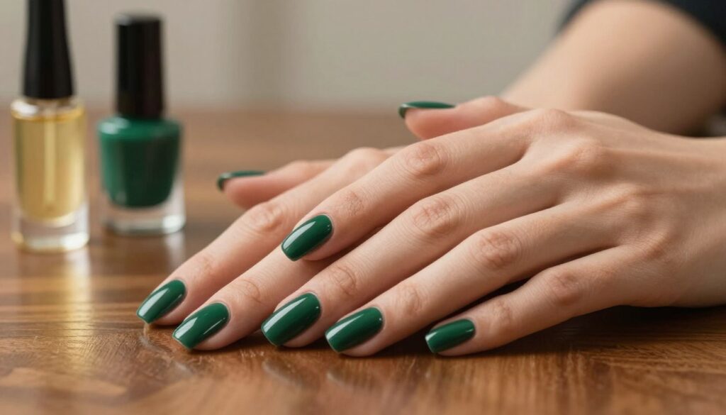 A close-up of well-manicured hands with dark green nails, showcasing a glossy finish that emphasizes durability and elegance. The fingers are poised delicately on a polished wooden table, with a subtle reflection highlighting the shine of the manicure. In the background, soft, diffused lighting creates a warm atmosphere, enhancing the rich bottle green color of the nails. Surrounding the hands are luxurious beauty products like cuticle oil and a sleek black nail polish bottle, hinting at maintenance tips. The scene is tranquil and inviting, evoking a sense of sophistication and care for dark manicures, perfect for showcasing long-lasting nail art while avoiding chips or discoloration.