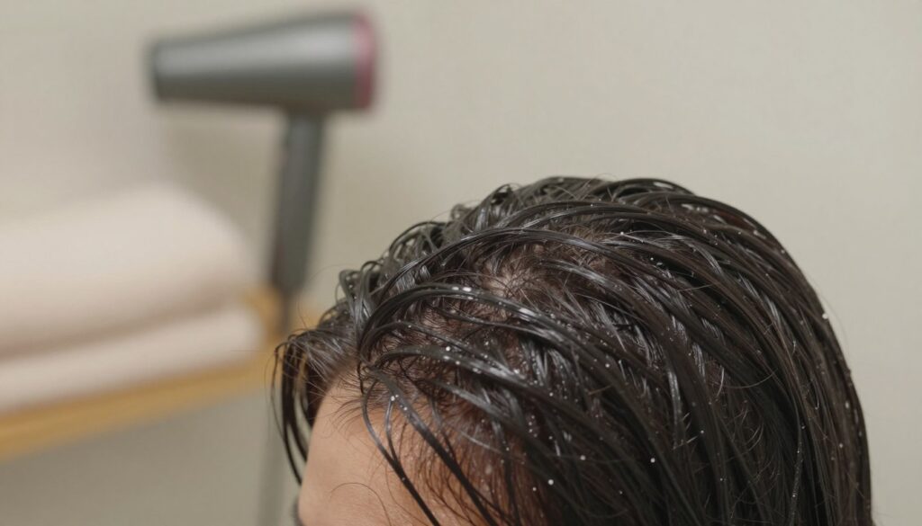 A close-up of wet hair, glistening with droplets, showcasing various textures and lengths. The foreground features strands of hair clumped together, capturing the light to emphasize moisture and shine. In the middle ground, a blurred background depicts a cozy bathroom setting, with soft towels and a hairdryer subtly placed, suggesting a warm, inviting atmosphere. The lighting is soft and diffuse, mimicking natural daylight, creating a serene and calming ambiance. The image should evoke a sense of care and attention that one would give to their hair post-wash, highlighting the fragility of wet hair and its vulnerability to damage. The focus is on the beauty and health of hair in its wet state, free from any distractions.