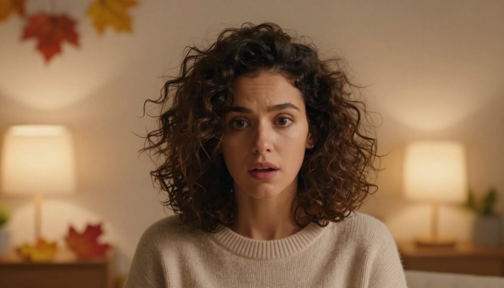 A close-up shot of a serene woman in a cozy, warm-toned indoor environment, showcasing her static, frizzy hair. She is dressed in a stylish, modest sweater, with her hair visibly standing on end due to static electricity. Her expression is one of mild surprise but also intrigue, as if she's just discovered a quick solution. In the background, a softly glowing lamp and a few autumn leaves on a nearby table add warmth to the scene. The lighting is soft and diffused, creating an inviting atmosphere. The angle is slightly high, emphasizing her hair and expression, while keeping the focus on the vibrant colors of autumn, hinting at seasonal inspiration. A close-up shot of a serene woman in a cozy, warm-toned indoor environment, showcasing her static, frizzy hair. She is dressed in a stylish, modest sweater, with her hair visibly standing on end due to static electricity. Her expression is one of mild surprise but also intrigue, as if she's just discovered a quick solution. In the background, a softly glowing lamp and a few autumn leaves on a nearby table add warmth to the scene. The lighting is soft and diffused, creating an inviting atmosphere. The angle is slightly high, emphasizing her hair and expression, while keeping the focus on the vibrant colors of autumn, hinting at seasonal inspiration.