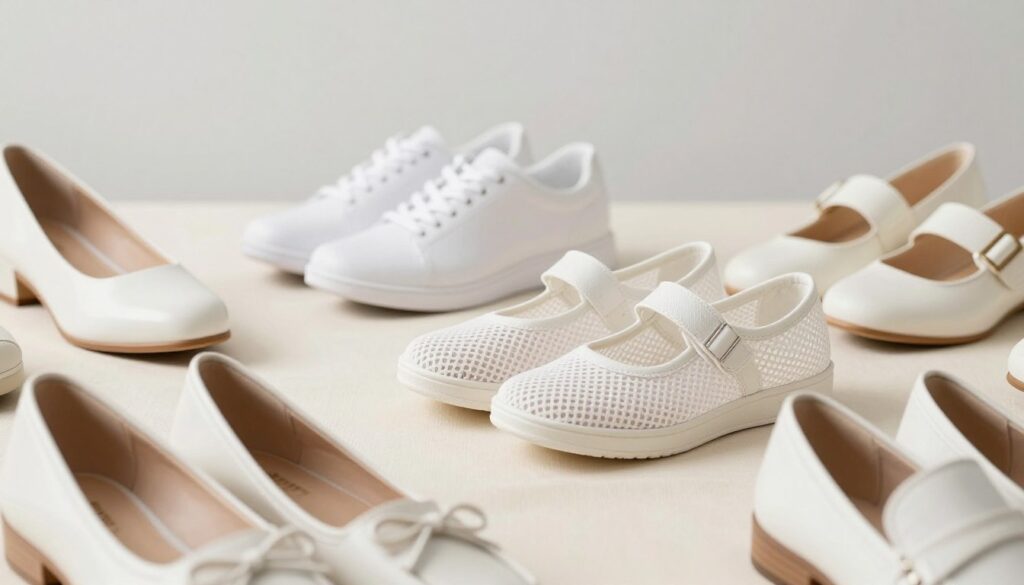 A close-up shot of various women's white shoes displayed on a soft, neutral-toned fabric backdrop. In the foreground, focus on different textures such as smooth leather, breathable mesh, and stylish canvas materials. Include a few pairs of shoes that illustrate convenience and comfort, featuring cushioned soles and adjustable straps. In the middle ground, have a beautifully arranged layout with shadows softly highlighting the curves and lines of the footwear. The background consists of a subtle gradient, transitioning from light cream to pale gray to maintain a clean and elegant feel. The lighting should be bright and even, creating a fresh and inviting atmosphere that draws attention to the shoes' material and design. No people or text present.