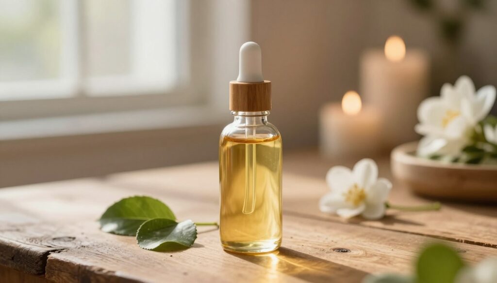 A close-up view of a beautiful glass bottle of hair oil placed elegantly on a rustic wooden table, surrounded by soft-focus natural elements like fresh leaves and delicate flowers. The bottle is filled with a golden liquid, capturing the warm sunlight filtering through the window, creating a warm and inviting atmosphere. In the background, a blurred, spa-like setting with gentle, ambient lighting emphasizes relaxation and self-care. The overall mood should convey warmth and tranquility, highlighting the beauty of home hair care rituals. The composition should evoke a sense of intimacy and appeal to those seeking remedies for dry hair, without including any text or distracting elements in the image.