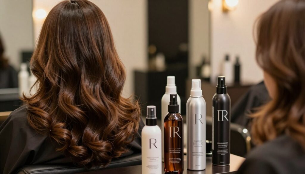 A close-up view of a beautifully styled woman with healthy, shiny hair, showcasing various textures and colors representing different hair types. In the foreground, a selection of glossy hair sprays in elegant bottles with modern designs, each labeled for specific hair types, such as curly, straight, and wavy. The middle ground features a soft-focus background of a serene hair salon with elegant décor, dimly lit with warm, inviting lighting that enhances the overall ambiance. The atmosphere is calm and professional, ideal for a beauty article. Use a shallow depth of field to keep the focus on the hair and products, capturing the light reflecting off the hair and bottles to emphasize hydration and care.