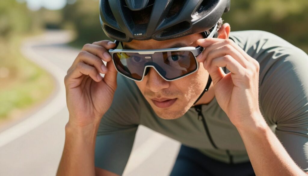 A close-up view of a cyclist adjusting sport sunglasses that fit snugly on their face. The cyclist is wearing a comfortable, modest cycling outfit with visible textures to emphasize functionality. The foreground focuses on the glasses, showcasing their sleek design and protective features, including tinted lenses and a lightweight frame. In the middle ground, the cyclist is set against a blurred natural backdrop of a winding bike path and greenery, indicating a sunny day. Soft, warm lighting illuminates the scene, creating a vibrant, energetic atmosphere. The angle is slightly tilted to capture both the cyclist's expression of concentration and the details of the eyewear, emphasizing the importance of fit and stability while cycling. A close-up view of a cyclist adjusting sport sunglasses that fit snugly on their face. The cyclist is wearing a comfortable, modest cycling outfit with visible textures to emphasize functionality. The foreground focuses on the glasses, showcasing their sleek design and protective features, including tinted lenses and a lightweight frame. In the middle ground, the cyclist is set against a blurred natural backdrop of a winding bike path and greenery, indicating a sunny day. Soft, warm lighting illuminates the scene, creating a vibrant, energetic atmosphere. The angle is slightly tilted to capture both the cyclist's expression of concentration and the details of the eyewear, emphasizing the importance of fit and stability while cycling.