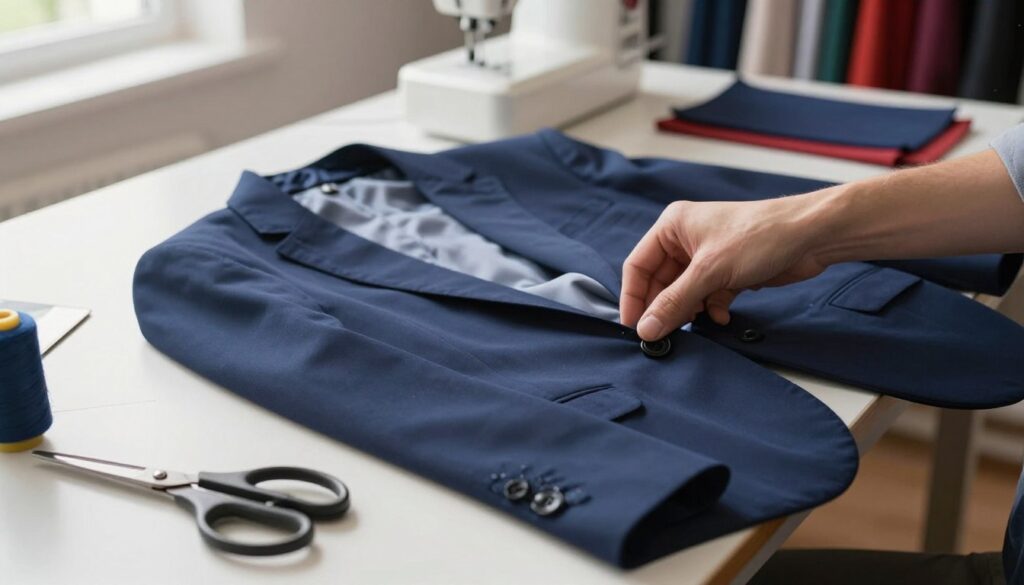 A close-up view of a hands-on demonstration of removing the cushions from a navy blue blazer, showcasing a light, airy workspace. The foreground features a well-lit table with fabric scissors, thread, and a seam ripper, artistically arranged next to the blazer, partially opened to reveal the smooth, delicate lining inside. The mid-ground captures a focused, gloved hand gently pulling the fabric to demonstrate the careful technique of extracting the cushions without damaging the jacket’s construction. The background is softly blurred, hinting at a sewing machine and vibrant fabric swatches, creating an organized, creative ambiance. Natural lighting filters through a nearby window, casting gentle shadows to enhance the detail on the textures and materials. Overall, the image conveys a sense of precision and care in tailoring. A close-up view of a hands-on demonstration of removing the cushions from a navy blue blazer, showcasing a light, airy workspace. The foreground features a well-lit table with fabric scissors, thread, and a seam ripper, artistically arranged next to the blazer, partially opened to reveal the smooth, delicate lining inside. The mid-ground captures a focused, gloved hand gently pulling the fabric to demonstrate the careful technique of extracting the cushions without damaging the jacket’s construction. The background is softly blurred, hinting at a sewing machine and vibrant fabric swatches, creating an organized, creative ambiance. Natural lighting filters through a nearby window, casting gentle shadows to enhance the detail on the textures and materials. Overall, the image conveys a sense of precision and care in tailoring.