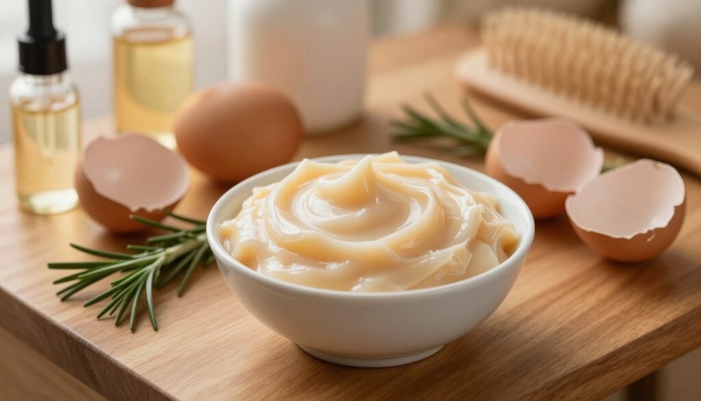 A close-up view of a luxurious hair mask made from eggs, artistically displayed in a small, elegant bowl on a wooden vanity. The foreground features the creamy, rich texture of the hair mask, glistening under soft, warm natural lighting. The middle ground includes fresh eggshells and a sprig of rosemary, emphasizing the ingredients. In the background, soft-focused beauty products, like organic oils and combs, create a serene spa-like atmosphere. The warm lighting creates a cozy mood, inviting viewers to discover the benefits of egg for hair care. Shot with a slight overhead angle for a dynamic composition, highlighting the mask’s smooth texture and natural ingredients.