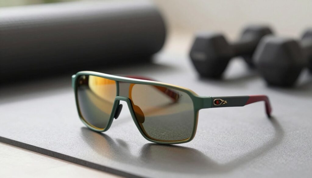 A close-up view of a pair of stylish women's sports sunglasses placed on a modern, sleek surface. The sunglasses feature a sporty design with a vibrant color palette, reflecting the latest trends in sports eyewear. In the background, subtly blurred, are fitness-related items like a yoga mat and dumbbells, creating a dynamic atmosphere. Soft, natural lighting enhances the image, casting gentle highlights on the sunglasses' lenses to showcase their quality and clarity. The angle is slightly tilted, emphasizing the craftsmanship and intricate details of the sunglasses, while maintaining a professional and inviting mood. The overall feel is energetic and modern, appealing to active women who value both style and performance in their sports gear. A close-up view of a pair of stylish women's sports sunglasses placed on a modern, sleek surface. The sunglasses feature a sporty design with a vibrant color palette, reflecting the latest trends in sports eyewear. In the background, subtly blurred, are fitness-related items like a yoga mat and dumbbells, creating a dynamic atmosphere. Soft, natural lighting enhances the image, casting gentle highlights on the sunglasses' lenses to showcase their quality and clarity. The angle is slightly tilted, emphasizing the craftsmanship and intricate details of the sunglasses, while maintaining a professional and inviting mood. The overall feel is energetic and modern, appealing to active women who value both style and performance in their sports gear.