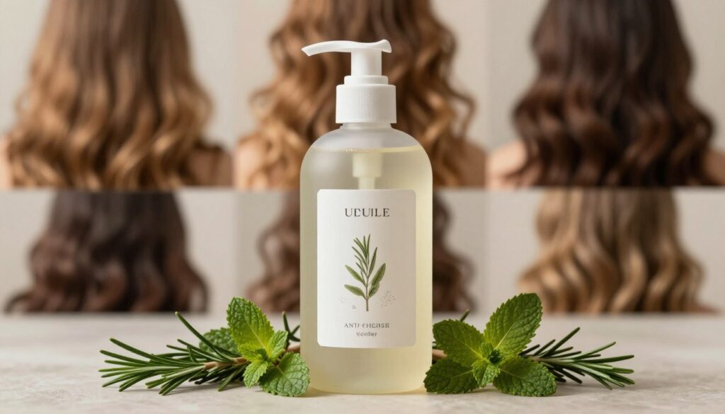 A close-up view of a stylishly arranged shampoo bottle designed for volumizing and anti-hair loss. The bottle, made of frosted glass, has elegant curves and features a minimalist label with botanical illustrations, symbolizing natural ingredients. Surrounding the bottle is a scattering of fresh herbs like rosemary and mint, emphasizing a healthy approach to hair care. In the background, soft-focus images of lush, flowing hair in varying shades and styles create a sense of abundance and vitality. The lighting is warm and inviting, with a gentle, diffused glow highlighting the product's luxurious nature. The atmosphere is serene and uplifting, ideal for a modern bathroom setting, evoking a sense of pampering and self-care. A close-up view of a stylishly arranged shampoo bottle designed for volumizing and anti-hair loss. The bottle, made of frosted glass, has elegant curves and features a minimalist label with botanical illustrations, symbolizing natural ingredients. Surrounding the bottle is a scattering of fresh herbs like rosemary and mint, emphasizing a healthy approach to hair care. In the background, soft-focus images of lush, flowing hair in varying shades and styles create a sense of abundance and vitality. The lighting is warm and inviting, with a gentle, diffused glow highlighting the product's luxurious nature. The atmosphere is serene and uplifting, ideal for a modern bathroom setting, evoking a sense of pampering and self-care.