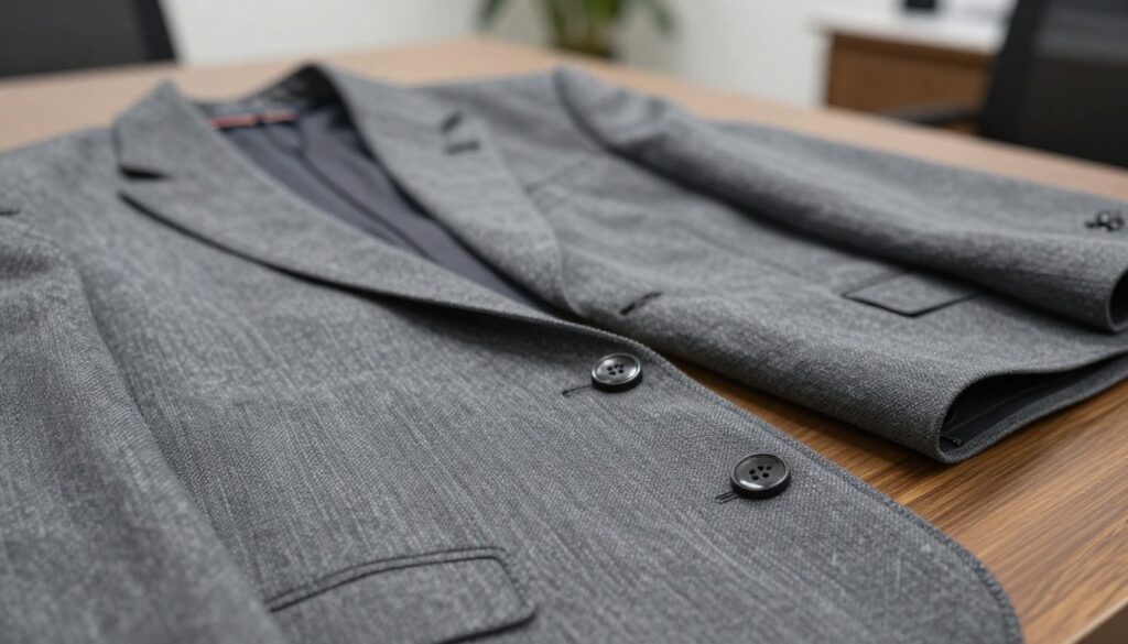 A close-up view of a textured gray fabric suitable for a tailored blazer, showcasing its weave in intricate detail. The foreground features soft, natural lighting that highlights the fabric's nuanced shades of gray, with subtle variations reflecting its high-quality material. In the middle, a neatly folded gray blazer rests partially draped over a smooth wooden surface, emphasizing its elegant design. In the background, blurred hints of a professional office environment create a sophisticated atmosphere, suggesting a suitable context for business attire choices. The image conveys a classic yet modern feel, inviting viewers to thoughtfully consider fabric pairings for trousers that complement the gray blazer. A close-up view of a textured gray fabric suitable for a tailored blazer, showcasing its weave in intricate detail. The foreground features soft, natural lighting that highlights the fabric's nuanced shades of gray, with subtle variations reflecting its high-quality material. In the middle, a neatly folded gray blazer rests partially draped over a smooth wooden surface, emphasizing its elegant design. In the background, blurred hints of a professional office environment create a sophisticated atmosphere, suggesting a suitable context for business attire choices. The image conveys a classic yet modern feel, inviting viewers to thoughtfully consider fabric pairings for trousers that complement the gray blazer.