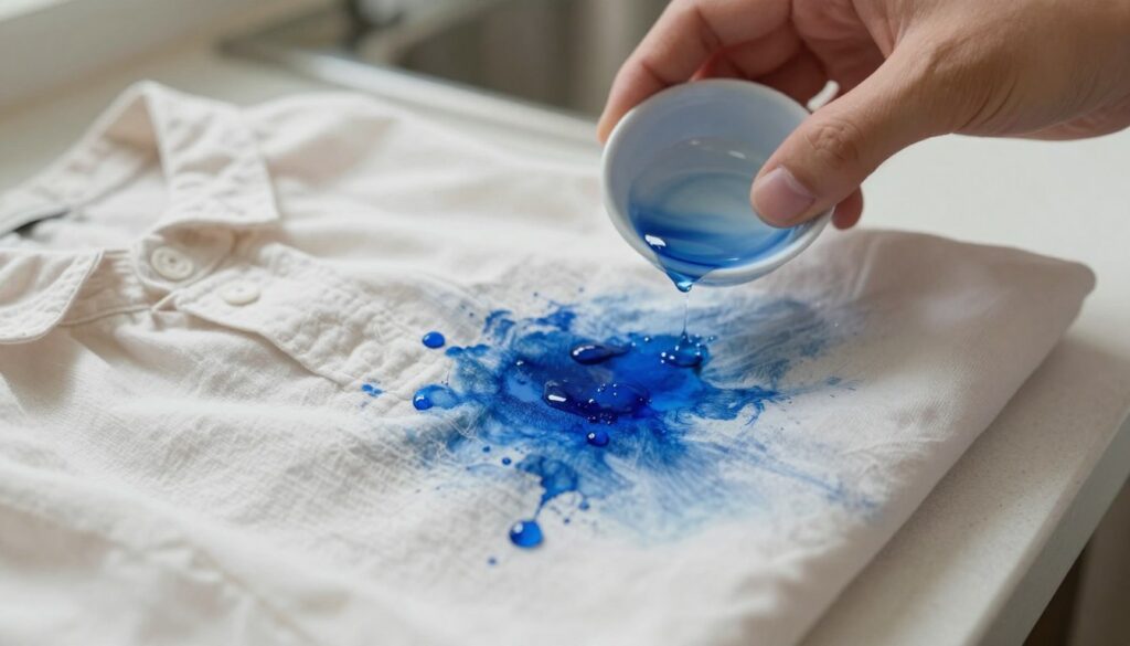 A close-up view of a vivid blue ink stain on a light-colored cotton blouse, showcasing the intricate textures of the fabric fibers. The foreground captures the intensity of the ink blot, with droplets gleaming slightly in soft natural light, creating a sense of urgency. In the middle, a partially visible hand holding a small dish of clear liquid, like water or vinegar, hints at immediate action for stain removal. The background is softly blurred, suggesting a cozy home environment, perhaps a clean kitchen counter. The overall atmosphere conveys concern and quick response, with gentle, diffused lighting enhancing the crispness of the blouse and the fluidity of the ink, while evoking a mood of practicality and hope. A close-up view of a vivid blue ink stain on a light-colored cotton blouse, showcasing the intricate textures of the fabric fibers. The foreground captures the intensity of the ink blot, with droplets gleaming slightly in soft natural light, creating a sense of urgency. In the middle, a partially visible hand holding a small dish of clear liquid, like water or vinegar, hints at immediate action for stain removal. The background is softly blurred, suggesting a cozy home environment, perhaps a clean kitchen counter. The overall atmosphere conveys concern and quick response, with gentle, diffused lighting enhancing the crispness of the blouse and the fluidity of the ink, while evoking a mood of practicality and hope.