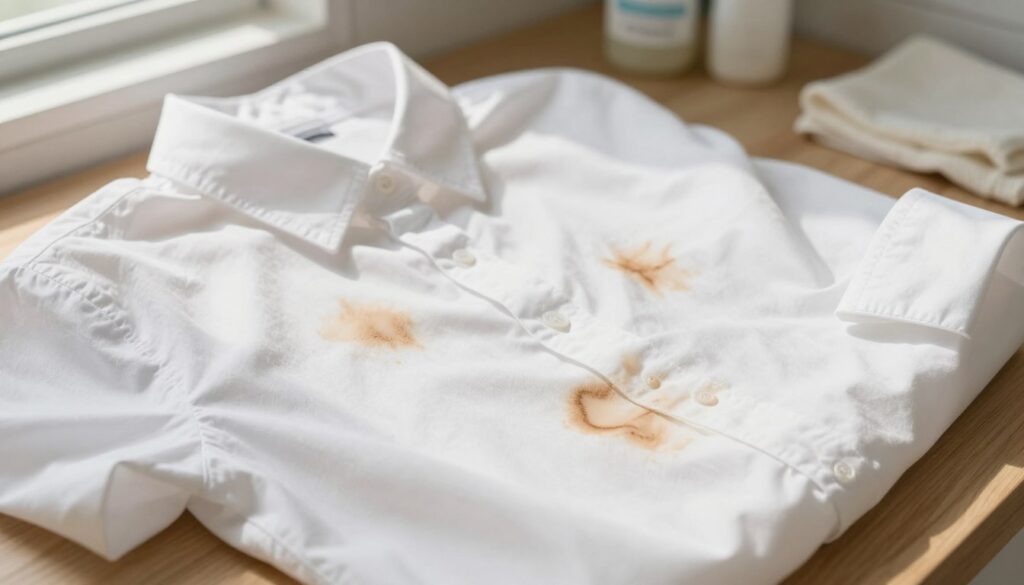 A close-up view of a white blouse on a wooden surface, featuring distinct, dried foundation stains near the collar and cuffs. The fabric texture is clearly visible, highlighting the stains in contrast to the shirt’s pristine color. Soft, natural light streams in from a nearby window, casting gentle shadows that enhance the details of the fabric. In the background, hints of a bathroom setting are visible, with a small bowl of cleaning supplies and a soft cloth to suggest the theme of stain removal. The atmosphere is calm and focused, emphasizing the challenge of dealing with old makeup stains while evoking a sense of practicality and hopefulness.