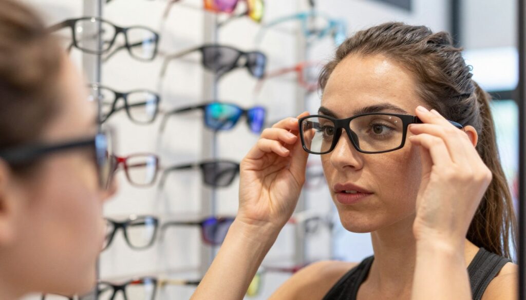 A close-up view of a woman trying on sports glasses, focused on her face, highlighting different styles that suit various face shapes. In the foreground, showcase her expression of concentration as she examines herself in a mirror. The middle ground features an array of sports glasses in diverse colors and shapes, illustrating fitting options tailored to different facial contours. The background should be a softly blurred athletic store, enhancing the theme of sports eyewear. Use natural lighting to create a bright, inviting atmosphere, capturing the excitement of finding the perfect match. The angle should be slightly above eye level, offering a flattering perspective that emphasizes the glasses and the woman’s face. The mood is energetic and uplifting, reflecting the synergy between sports and personal style. A close-up view of a woman trying on sports glasses, focused on her face, highlighting different styles that suit various face shapes. In the foreground, showcase her expression of concentration as she examines herself in a mirror. The middle ground features an array of sports glasses in diverse colors and shapes, illustrating fitting options tailored to different facial contours. The background should be a softly blurred athletic store, enhancing the theme of sports eyewear. Use natural lighting to create a bright, inviting atmosphere, capturing the excitement of finding the perfect match. The angle should be slightly above eye level, offering a flattering perspective that emphasizes the glasses and the woman’s face. The mood is energetic and uplifting, reflecting the synergy between sports and personal style.