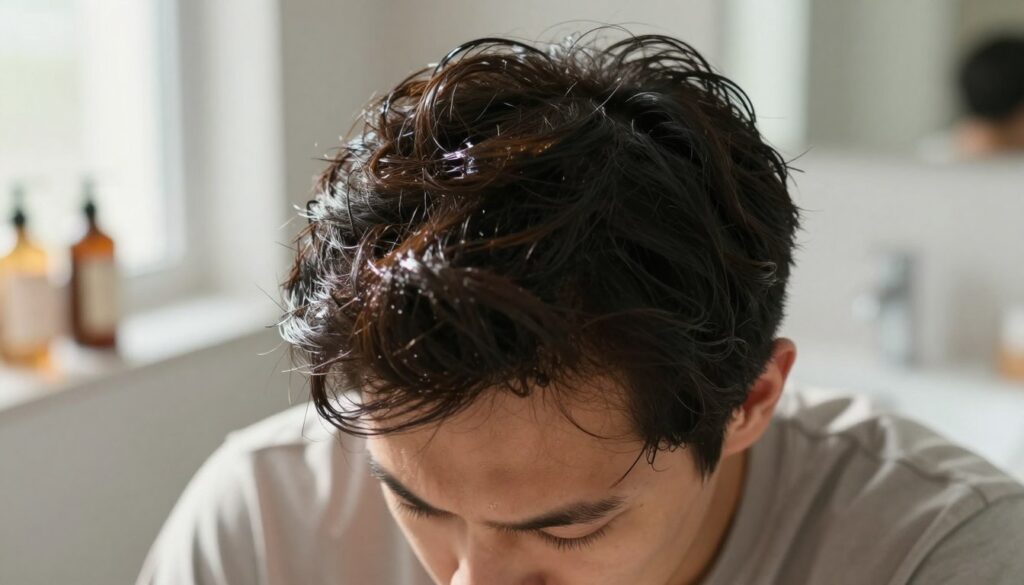 A close-up view of an individual with visibly oily hair, showcasing the effects of excess oil production. The hair appears unkempt and slick, contrasting with a clean, healthy scalp. The individual should be depicted in modest casual clothing, sitting in a well-lit bathroom with soft, natural light coming from a window. In the background, gentle shadows of bathroom accessories like shampoo bottles and a mirror can be seen, creating a relatable atmosphere. The mood is contemplative, reflecting the nuances of hair care and health. The focus is primarily on the hair, capturing both texture and sheen, while maintaining a professional appearance. The composition should evoke a sense of concern and awareness regarding hair health. A close-up view of an individual with visibly oily hair, showcasing the effects of excess oil production. The hair appears unkempt and slick, contrasting with a clean, healthy scalp. The individual should be depicted in modest casual clothing, sitting in a well-lit bathroom with soft, natural light coming from a window. In the background, gentle shadows of bathroom accessories like shampoo bottles and a mirror can be seen, creating a relatable atmosphere. The mood is contemplative, reflecting the nuances of hair care and health. The focus is primarily on the hair, capturing both texture and sheen, while maintaining a professional appearance. The composition should evoke a sense of concern and awareness regarding hair health.