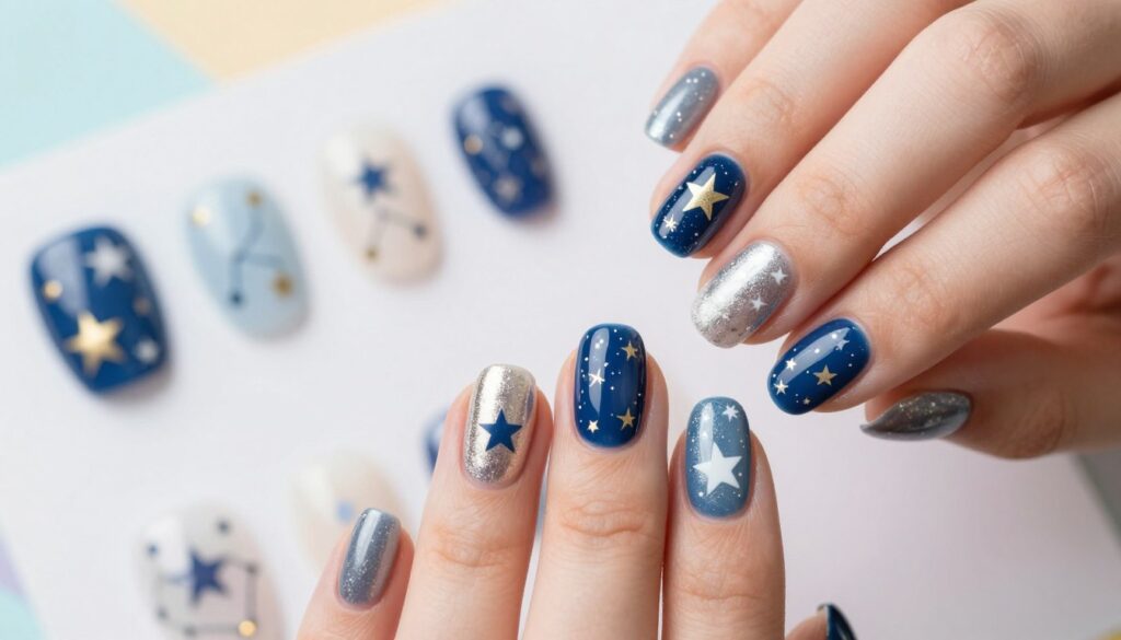 A close-up view of beautifully manicured nails featuring elegant star designs in various sizes and colors. The foreground showcases a hand with well-groomed fingers, adorned with glossy nail polish in shades of deep blue and sparkling silver, creating a celestial theme. The star patterns include delicate white and gold accents, giving the impression of twinkling stars. In the middle, a soft-focus display of additional nail art ideas can be seen, featuring different star styles such as mini stars and constellations. The background is softly blurred pastel colors, enhancing the cheerful and creative mood of the scene. The lighting is bright and inviting, highlighting the intricate details of the nail designs, shot from a top-down angle. The overall atmosphere is playful yet elegant, perfect for everyday wear or special occasions. A close-up view of beautifully manicured nails featuring elegant star designs in various sizes and colors. The foreground showcases a hand with well-groomed fingers, adorned with glossy nail polish in shades of deep blue and sparkling silver, creating a celestial theme. The star patterns include delicate white and gold accents, giving the impression of twinkling stars. In the middle, a soft-focus display of additional nail art ideas can be seen, featuring different star styles such as mini stars and constellations. The background is softly blurred pastel colors, enhancing the cheerful and creative mood of the scene. The lighting is bright and inviting, highlighting the intricate details of the nail designs, shot from a top-down angle. The overall atmosphere is playful yet elegant, perfect for everyday wear or special occasions.