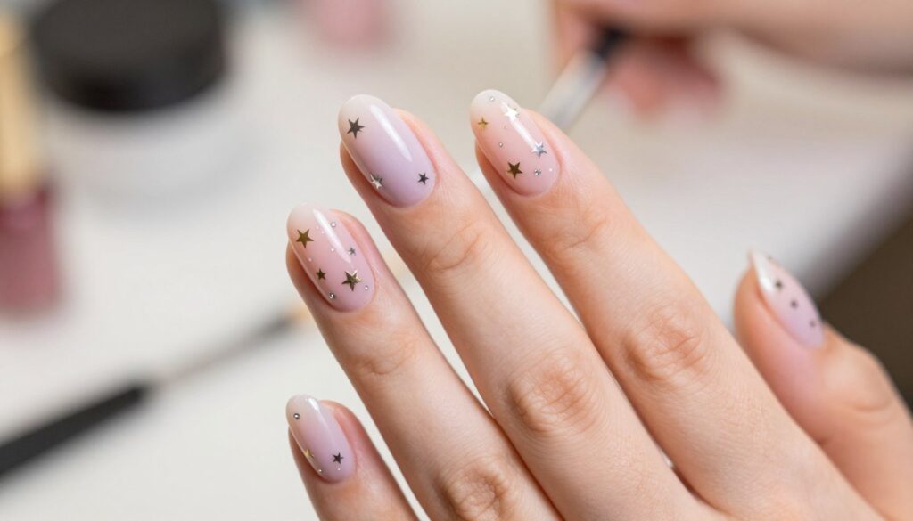 A close-up view of beautifully manicured nails featuring intricate star designs, showcasing a pastel color palette. The nails are artistically embellished with tiny silver and gold stars, glimmering softly under gentle lighting. The background is a blurred, soft-focus beauty salon setting, with hints of nail art tools and a cozy atmosphere. The image should have a warm and inviting feel, emphasizing attention to detail and artistic flair. The photo is taken at a 45-degree angle to capture the full beauty of the nail art, highlighting the smooth finish and expert craftsmanship. The overall mood is elegant and chic, ideal for inspiring readers interested in DIY nail art. A close-up view of beautifully manicured nails featuring intricate star designs, showcasing a pastel color palette. The nails are artistically embellished with tiny silver and gold stars, glimmering softly under gentle lighting. The background is a blurred, soft-focus beauty salon setting, with hints of nail art tools and a cozy atmosphere. The image should have a warm and inviting feel, emphasizing attention to detail and artistic flair. The photo is taken at a 45-degree angle to capture the full beauty of the nail art, highlighting the smooth finish and expert craftsmanship. The overall mood is elegant and chic, ideal for inspiring readers interested in DIY nail art.