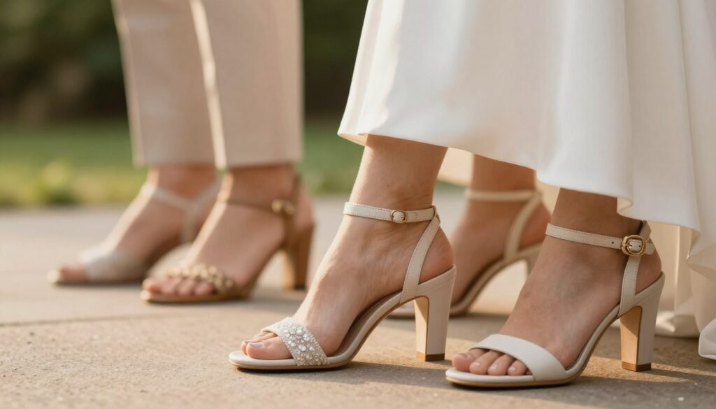 A close-up view of elegantly designed footwear around the ankle, featuring various stylish shoe designs perfect for a long dress. The foreground highlights a pair of chic strappy sandals and a refined slingback, both showcasing their intricate buckle details and stability features. The middle ground includes a soft focus on additional shoe styles, emphasizing comfort and movement, suitable for dancing at a wedding. The background is a softly blurred outdoor setting with hints of greenery and warm, golden light illuminating the scene, creating an inviting and cheerful atmosphere. The composition captures the essence of elegance and practicality, ideal for the occasion.