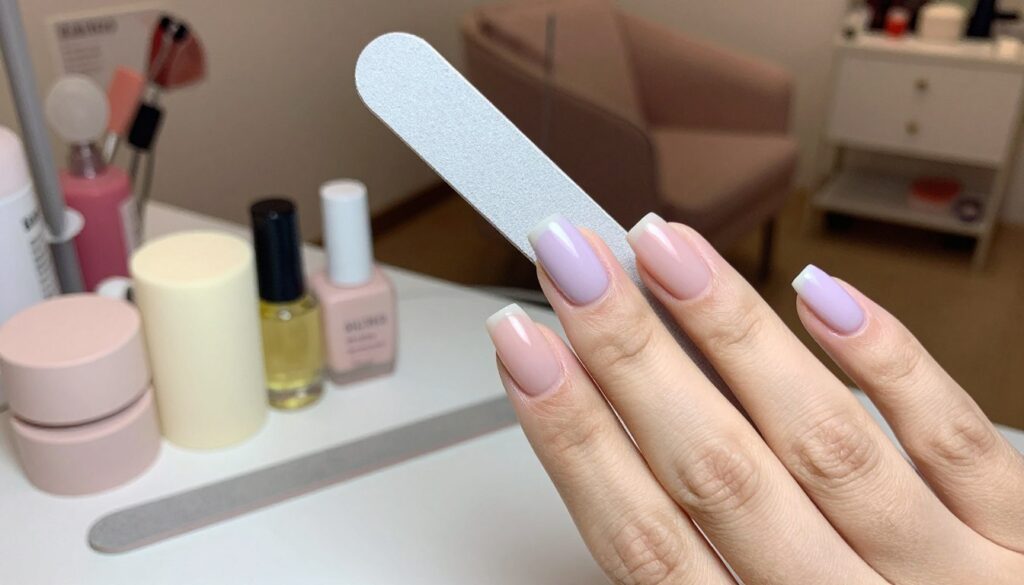A close-up view of elegantly manicured hybrid nails, showcasing a natural nail bed with a glossy hybrid polish finish in soft pastel colors. The foreground features well-groomed hands, with a focus on the nails, highlighting their strength and shine. In the middle, a stylish nail care kit with buffing blocks, cuticle oil, and a gentle nail file is arranged neatly. The background presents a softly lit salon environment, with blurred images of nail care products and a cozy seating area, enhancing a feeling of professionalism and relaxation. The lighting is warm and inviting, creating an atmosphere of self-care and confidence. The angle is slightly overhead, capturing both the nails and the caring tools, emphasizing the theme of healthy nail maintenance under hybrid polish.