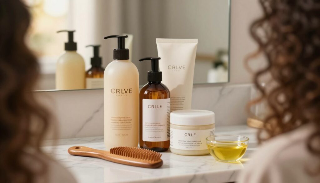A close-up view of hair care products designed specifically for enhancing natural curls, including bottles of moisturizing shampoo, conditioner, and curl cream arranged artistically on a marble countertop. In the foreground, a wooden comb and a small bowl of organic hair oil are neatly placed beside the products. The background features a softly blurred vanity mirror reflecting warm, natural sunlight, creating a cozy and inviting atmosphere. The scene should emphasize the textures of the products, capturing the richness of curly hair. The lighting is soft and warm, mimicking a serene morning routine, while the composition conveys a sense of pampering and self-care, encouraging viewers to embrace their natural curls. A close-up view of hair care products designed specifically for enhancing natural curls, including bottles of moisturizing shampoo, conditioner, and curl cream arranged artistically on a marble countertop. In the foreground, a wooden comb and a small bowl of organic hair oil are neatly placed beside the products. The background features a softly blurred vanity mirror reflecting warm, natural sunlight, creating a cozy and inviting atmosphere. The scene should emphasize the textures of the products, capturing the richness of curly hair. The lighting is soft and warm, mimicking a serene morning routine, while the composition conveys a sense of pampering and self-care, encouraging viewers to embrace their natural curls.