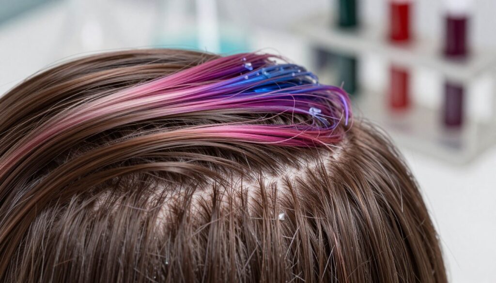 A close-up view of hair cuticles and scales, showcasing the effects of ammonia in hair dye. In the foreground, detailed, healthy hair strands gradually transitioning to damaged, lifted cuticles due to ammonia exposure. The middle section features a vibrant color transition where hair dye interacts with the hair structure, emphasizing the chemical impact. Soft, diffused lighting creates a professional and educational mood, highlighting the textures and colors. The background is blurred, resembling a laboratory environment, with subtle glassware and hair color tubes, enhancing the scientific undertone. The camera angle is slightly tilted, providing a dynamic perspective on the interaction between ammonia and hair follicles. A close-up view of hair cuticles and scales, showcasing the effects of ammonia in hair dye. In the foreground, detailed, healthy hair strands gradually transitioning to damaged, lifted cuticles due to ammonia exposure. The middle section features a vibrant color transition where hair dye interacts with the hair structure, emphasizing the chemical impact. Soft, diffused lighting creates a professional and educational mood, highlighting the textures and colors. The background is blurred, resembling a laboratory environment, with subtle glassware and hair color tubes, enhancing the scientific undertone. The camera angle is slightly tilted, providing a dynamic perspective on the interaction between ammonia and hair follicles.