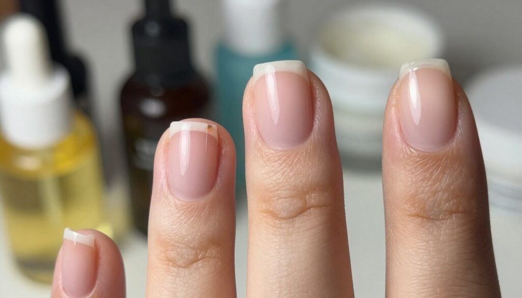 A close-up view of healthy nails growing rapidly, showcasing various stages of nail growth from short to long. The nails are well-groomed and shiny, reflecting a natural glow. Each nail should display intricate details like the smooth surface and subtle nail bed texture. In the background, softly blurred images of nail care products like oils and creams can be seen, creating a sense of nurturing. Natural light illuminates the scene, enhancing the shine of the nails and providing a fresh, vibrant atmosphere. The angle is slightly above the nails, focusing on their growth progression while maintaining a clean, professional aesthetic. The overall mood is inspirational and focused on beauty and care.