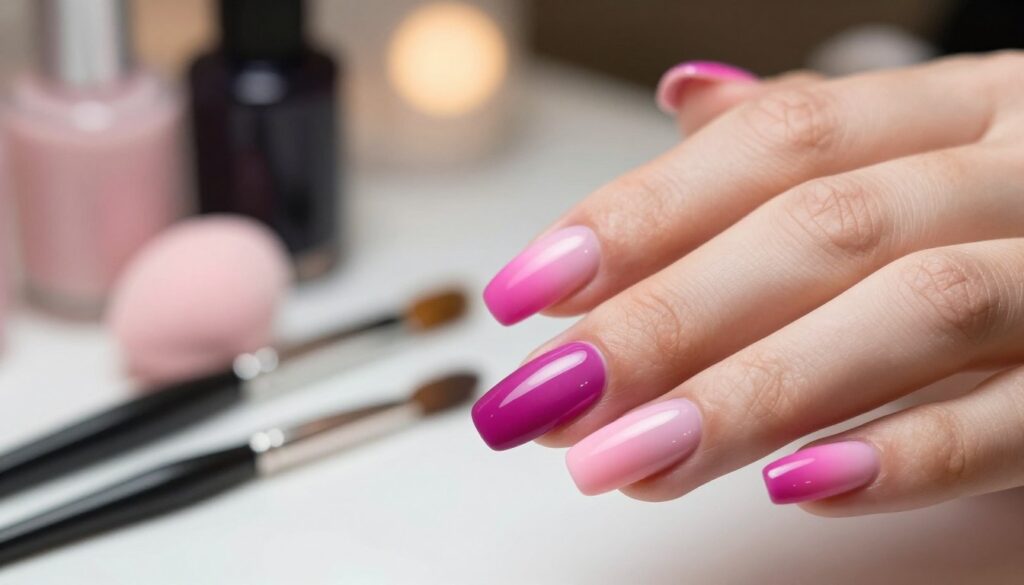 A close-up view of hybrid ombre nail art showcasing a seamless gradient effect on elegantly manicured nails. The foreground features vibrant nail polish colors blending smoothly from deep magenta at the cuticle to a soft pastel pink at the tips. In the middle, a small makeup sponge and fine brushes are artistically arranged, emphasizing various techniques for achieving the ombre effect. The background is softly blurred, hinting at a cozy and well-lit nail salon setting, with warm, inviting lighting enhancing the colors. The mood is artistic and creative, reflecting a professional yet accessible atmosphere for nail artistry. High-resolution, macro lens perspective.