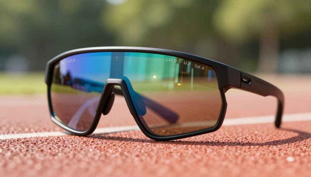A close-up view of modern running sunglasses equipped with UV filters, showcasing the distinct lenses categorized from Cat.0 to Cat.4. The foreground features the sunglasses’ sleek, aerodynamic design, highlighting their reflective lenses that shimmer in the sunlight. The middle section includes a blurred out background of a running track or outdoor environment, with soft, dappled sunlight filtering through trees, creating a vibrant and dynamic atmosphere. Captured from a low angle to emphasize the sunglasses and their features, the image illustrates how they remain fog-free during physical activity. The colors are bright and inviting, suggesting a perfect day for running. A close-up view of modern running sunglasses equipped with UV filters, showcasing the distinct lenses categorized from Cat.0 to Cat.4. The foreground features the sunglasses’ sleek, aerodynamic design, highlighting their reflective lenses that shimmer in the sunlight. The middle section includes a blurred out background of a running track or outdoor environment, with soft, dappled sunlight filtering through trees, creating a vibrant and dynamic atmosphere. Captured from a low angle to emphasize the sunglasses and their features, the image illustrates how they remain fog-free during physical activity. The colors are bright and inviting, suggesting a perfect day for running.