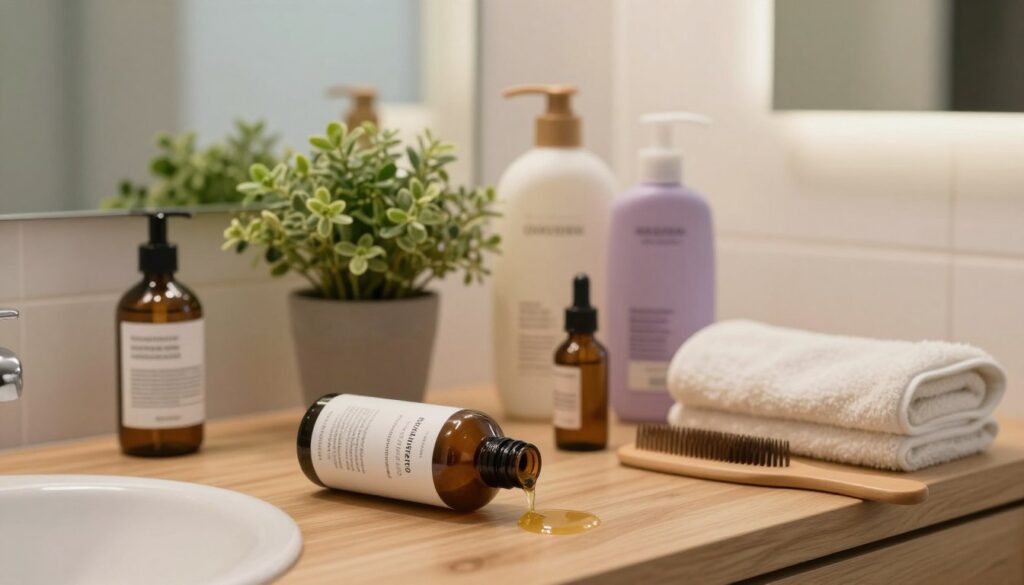 A close-up view of various anti-dandruff treatments, including shampoos, scalp oils, and natural remedies, artfully arranged on a wooden bathroom counter. In the foreground, a stylish bottle of medicated shampoo is opened, with a small amount of the product glistening in the light. The middle ground features a leafy potted plant, symbolizing natural remedies, alongside a comb and a soft towel. The background displays a softly lit bathroom setting, with gentle reflections of soft colors on the mirrors, creating a calm and soothing atmosphere. The overall mood is one of health and self-care, with warm, inviting lighting enhancing the visual appeal. Use a slightly elevated angle to capture all elements cohesively. A close-up view of various anti-dandruff treatments, including shampoos, scalp oils, and natural remedies, artfully arranged on a wooden bathroom counter. In the foreground, a stylish bottle of medicated shampoo is opened, with a small amount of the product glistening in the light. The middle ground features a leafy potted plant, symbolizing natural remedies, alongside a comb and a soft towel. The background displays a softly lit bathroom setting, with gentle reflections of soft colors on the mirrors, creating a calm and soothing atmosphere. The overall mood is one of health and self-care, with warm, inviting lighting enhancing the visual appeal. Use a slightly elevated angle to capture all elements cohesively.