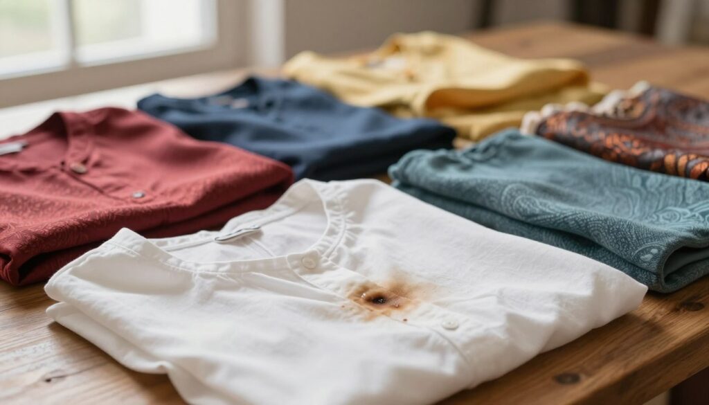 A close-up view of various fabrics spread out on a wooden table, showcasing a range of textures and colors suitable for clothing. In the foreground, focus on a delicate white blouse made of soft cotton, with a coffee stain partially visible. The middle features a selection of rich, vibrant fabrics like silk and wool, each with distinct patterns indicating their unique properties. The background should be softly blurred, with a warm, natural light coming from a nearby window, creating a cozy atmosphere. The scene should capture the intricacies of fabric types and how they relate to stain removal, inviting the viewer to explore the tactile qualities of the materials.