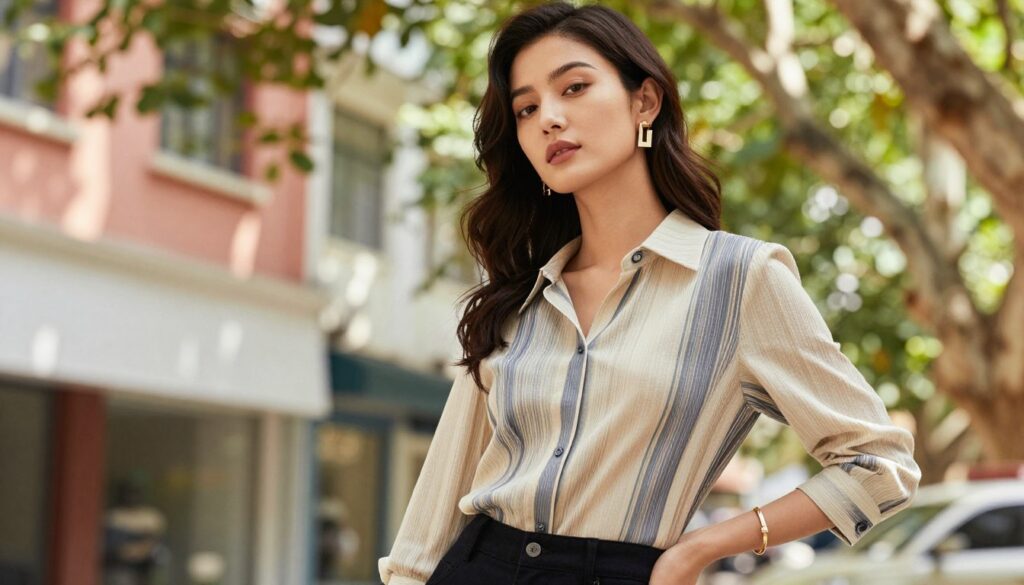 A confident young woman standing outdoors, wearing a stylish, elegant blouse without a bra, showcasing a graceful and chic approach to fashion. She's casually leaning against a vibrant urban backdrop, surrounded by greenery, with sunlight filtering through trees, creating soft, dappled light. Her expression is calm and self-assured, radiating confidence. The outfit is complemented by fashion-forward accessories such as statement earrings and a minimalist bracelet, enhancing her sophisticated look. The angle captures her from slightly below, emphasizing her poise, while the background is slightly blurred to focus on her and the blouse's detail, evoking a feeling of effortless style and comfort. The overall atmosphere is warm and inviting, highlighting personal empowerment in fashion choices. A confident young woman standing outdoors, wearing a stylish, elegant blouse without a bra, showcasing a graceful and chic approach to fashion. She's casually leaning against a vibrant urban backdrop, surrounded by greenery, with sunlight filtering through trees, creating soft, dappled light. Her expression is calm and self-assured, radiating confidence. The outfit is complemented by fashion-forward accessories such as statement earrings and a minimalist bracelet, enhancing her sophisticated look. The angle captures her from slightly below, emphasizing her poise, while the background is slightly blurred to focus on her and the blouse's detail, evoking a feeling of effortless style and comfort. The overall atmosphere is warm and inviting, highlighting personal empowerment in fashion choices.