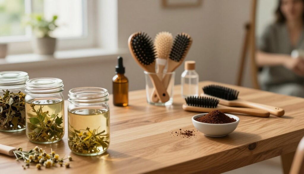 A cozy and inviting home interior scene focused on hair care, showcasing a stylish wooden table adorned with various natural ingredients for hair rinses and infusions. In the foreground, there are glass jars filled with herbal teas, chamomile, and a bowl of coffee grounds, symbolizing home-based hair darkening methods. The middle ground features a beautifully arranged set of hair brushes and applicators, creating an atmosphere of care and attention. The background reveals soft, warm lighting filtering through a window, highlighting a plant or two to enhance the natural vibe. Include a subtle reflection in a mirror, suggesting a person off-frame, embodying a professional and modest appearance. The image should evoke a serene, nurturing atmosphere, perfect for a DIY hair care guide. A cozy and inviting home interior scene focused on hair care, showcasing a stylish wooden table adorned with various natural ingredients for hair rinses and infusions. In the foreground, there are glass jars filled with herbal teas, chamomile, and a bowl of coffee grounds, symbolizing home-based hair darkening methods. The middle ground features a beautifully arranged set of hair brushes and applicators, creating an atmosphere of care and attention. The background reveals soft, warm lighting filtering through a window, highlighting a plant or two to enhance the natural vibe. Include a subtle reflection in a mirror, suggesting a person off-frame, embodying a professional and modest appearance. The image should evoke a serene, nurturing atmosphere, perfect for a DIY hair care guide.