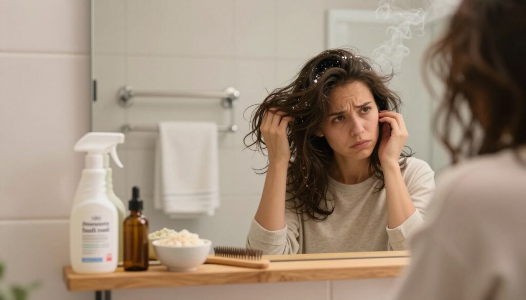 A cozy bathroom scene featuring a person (dressed in modest casual clothing) standing near a mirror with static-charged hair, highlighting various home remedies for preventing hair static. In the foreground, display a small wooden shelf with items like a spray bottle of diluted fabric softener, a bowl of natural oils, and a comb. In the middle, depict the person, looking perplexed as they try one of the remedies, with hair visibly frizzing around. The background includes soft, warm lighting to create a relaxing atmosphere, with steam rising from a towel rack. The scene should convey a sense of practicality and homeliness, inviting readers to explore easy solutions for winter and autumn hair care. A cozy bathroom scene featuring a person (dressed in modest casual clothing) standing near a mirror with static-charged hair, highlighting various home remedies for preventing hair static. In the foreground, display a small wooden shelf with items like a spray bottle of diluted fabric softener, a bowl of natural oils, and a comb. In the middle, depict the person, looking perplexed as they try one of the remedies, with hair visibly frizzing around. The background includes soft, warm lighting to create a relaxing atmosphere, with steam rising from a towel rack. The scene should convey a sense of practicality and homeliness, inviting readers to explore easy solutions for winter and autumn hair care.