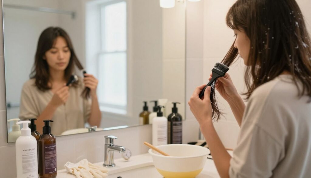 A cozy, well-lit bathroom setting for a DIY hair decolorization process. In the foreground, a woman with shoulder-length hair, wearing a modest, casual top, is carefully applying a decolorizing mixture to her hair using a brush. She has a focused expression, showcasing the step-by-step nature of the task. On the countertop, various hair care products and tools, such as gloves, a mixing bowl, and a timer, are visible, indicating a safe and organized process. In the middle, a large mirror reflects her concentration, while soft, natural light spills in from a window, creating a warm and inviting atmosphere. The background features neatly arranged hair care supplies, highlighting the meticulous environment of a home hair treatment.