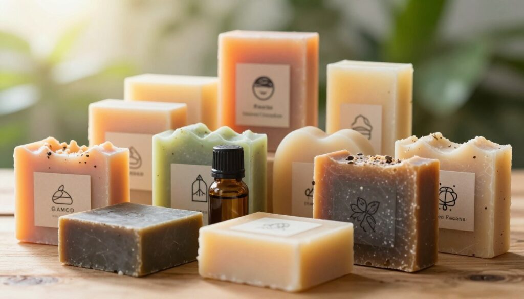 A detailed close-up of a collection of soap and shampoo bars, artfully arranged on a wooden surface. In the foreground, a few bars of handmade soap with natural ingredients like shea butter and essential oils, displaying their unique textures and colors. In the middle, a selection of shampoo bars, showing a variety of shapes, sizes, and vibrant hues, all labeled with clear, modern symbols indicating their ingredients. The background features softly blurred greenery to evoke a natural, eco-friendly ambiance, with diffused sunlight filtering through, creating a warm glow that enhances the organic feel of the scene. The overall mood is informative and inviting, with a focus on sustainability and natural beauty products. A detailed close-up of a collection of soap and shampoo bars, artfully arranged on a wooden surface. In the foreground, a few bars of handmade soap with natural ingredients like shea butter and essential oils, displaying their unique textures and colors. In the middle, a selection of shampoo bars, showing a variety of shapes, sizes, and vibrant hues, all labeled with clear, modern symbols indicating their ingredients. The background features softly blurred greenery to evoke a natural, eco-friendly ambiance, with diffused sunlight filtering through, creating a warm glow that enhances the organic feel of the scene. The overall mood is informative and inviting, with a focus on sustainability and natural beauty products.
