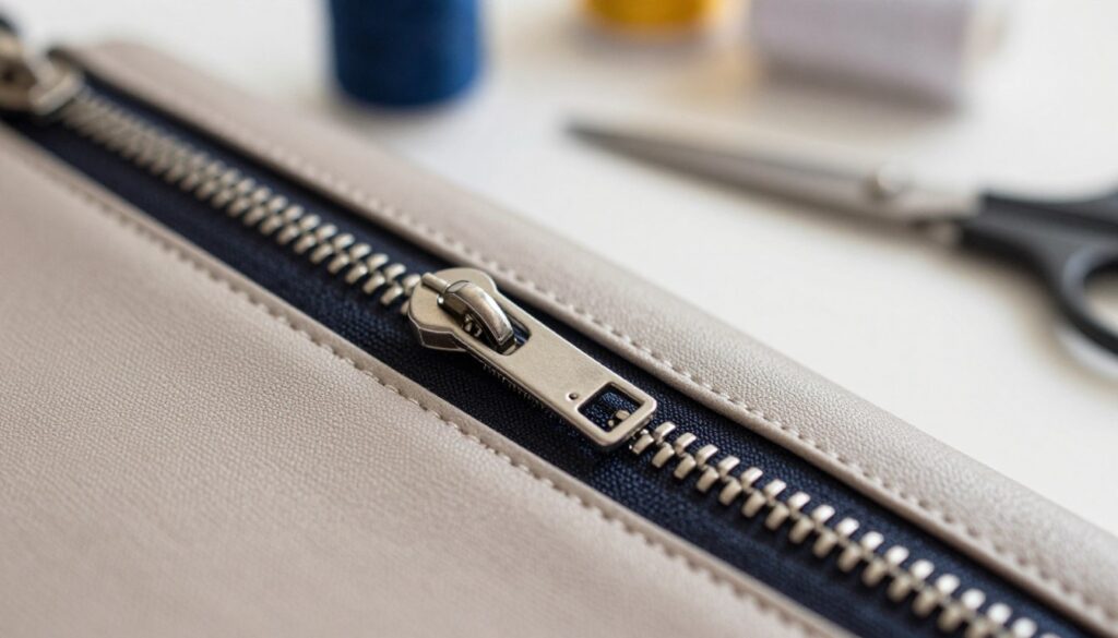 A detailed close-up of a zipper being adjusted on a handbag, showcasing the intricate mechanics of the slider and teeth. The foreground features the zipper in focus, with a slightly open section revealing a smooth, colorful fabric lining of the bag. In the middle ground, soft, diffused lighting highlights the metallic sheen of the zipper while creating subtle shadows that emphasize the motion of pulling the slider. The background is softly blurred, suggesting a cozy workspace with a hint of sewing tools, like a spool of thread and a pair of scissors. The overall mood is calm and industrious, reflecting a DIY spirit, perfect for a home repair project. The image should be devoid of any text or markings for clarity. A detailed close-up of a zipper being adjusted on a handbag, showcasing the intricate mechanics of the slider and teeth. The foreground features the zipper in focus, with a slightly open section revealing a smooth, colorful fabric lining of the bag. In the middle ground, soft, diffused lighting highlights the metallic sheen of the zipper while creating subtle shadows that emphasize the motion of pulling the slider. The background is softly blurred, suggesting a cozy workspace with a hint of sewing tools, like a spool of thread and a pair of scissors. The overall mood is calm and industrious, reflecting a DIY spirit, perfect for a home repair project. The image should be devoid of any text or markings for clarity.